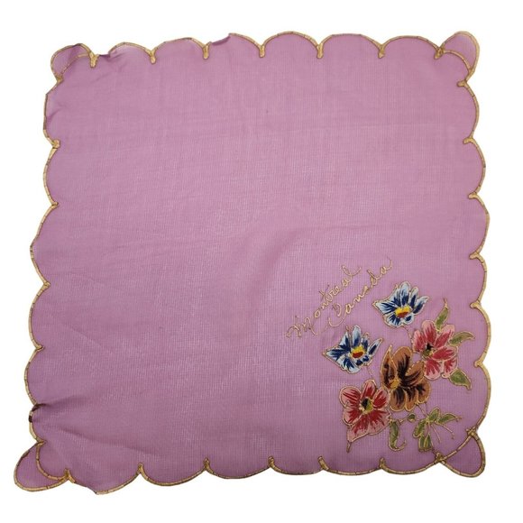 Vintage Montreal Canada Hankie Handkerchief Souvenir Handpainted Pansies Flowers - Picture 2 of 3